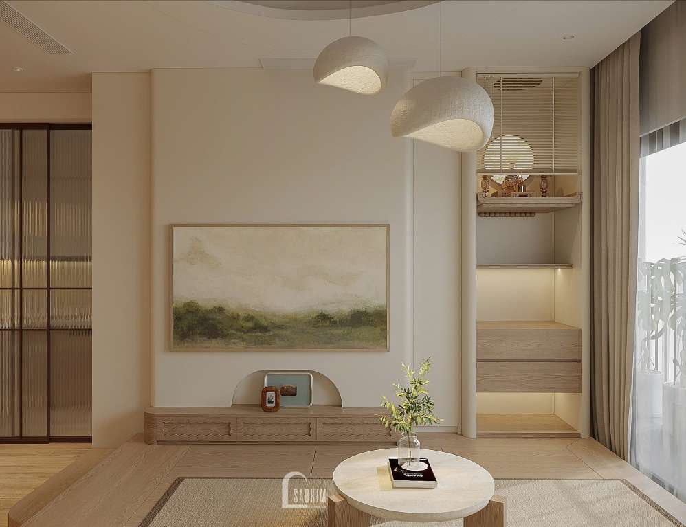 Thiết kế không gian phòng khách phong cách Wabi Sabi tại chung cư 87m2 Hinode City
